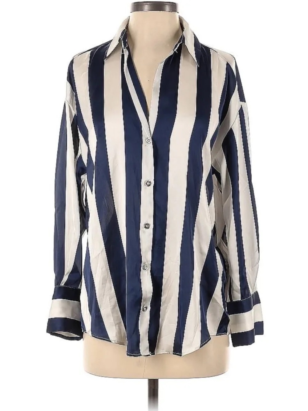 Zara size L Navy and Cream Vertical Stripe Button-Up Shirt